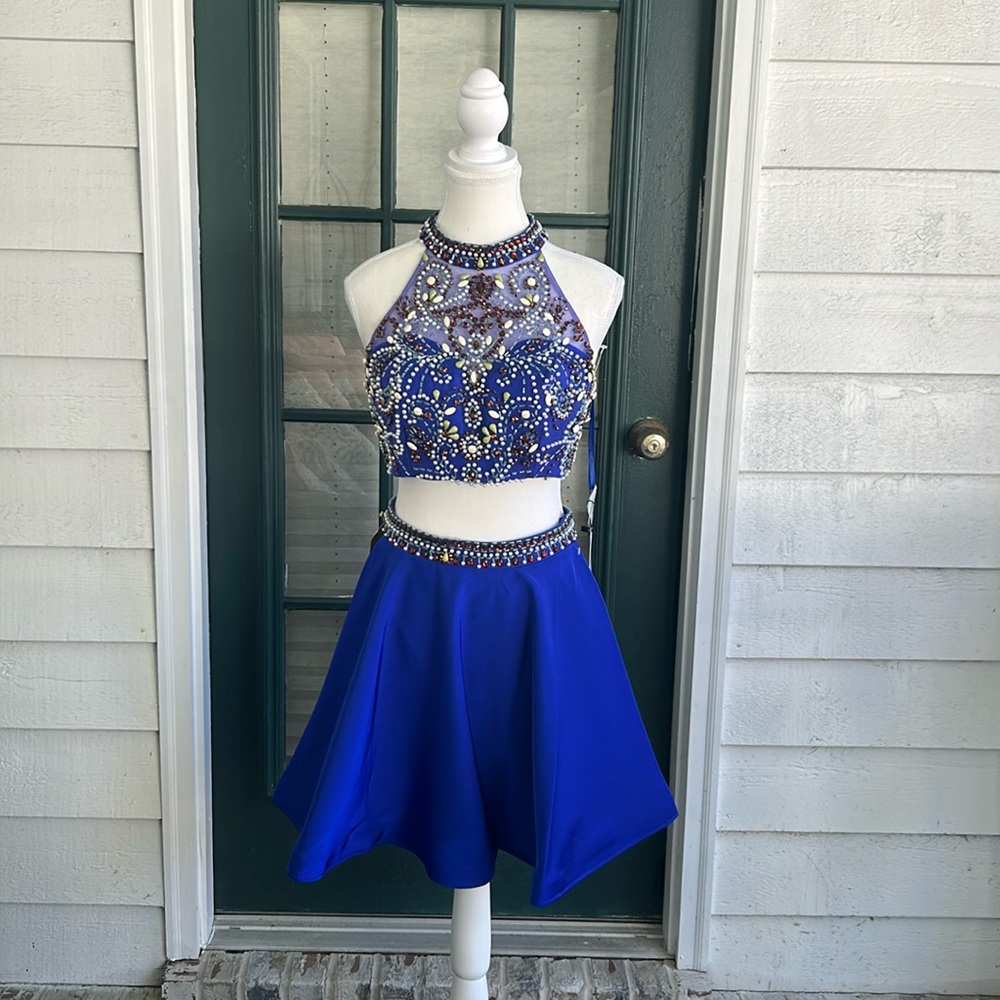 Jolene NWT Beaded Halter Crop Two Piece Formal Dress Royal Blue Size 8